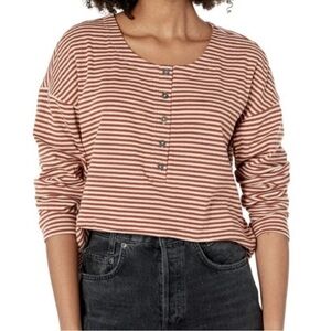 Madewell Dusty Redwood Striped Long-Sleeve Soft Button Henley Tee Top Small